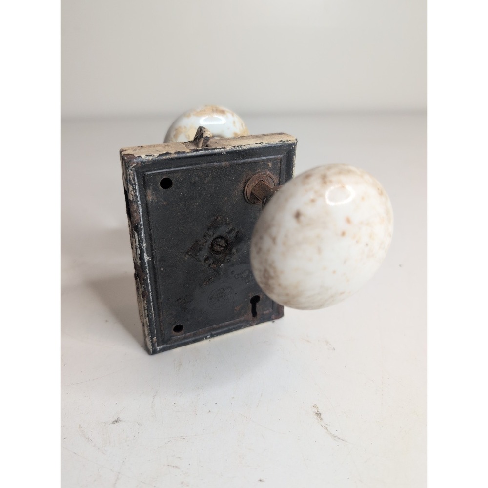 Antique 1885 Russell & Erwin Brass & Steel Mortise Door Lock With White Knobs